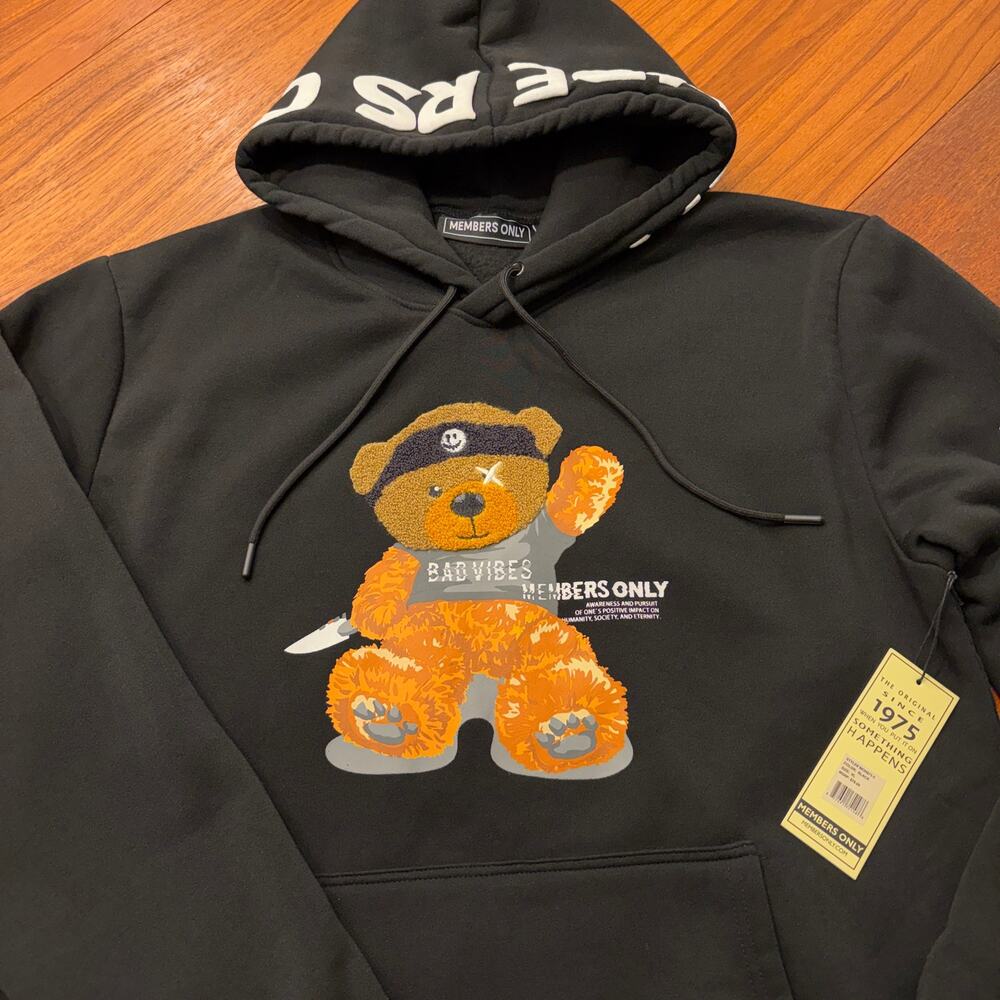 Members only black bad vibes teddy bear sweatshirt hoodie XL New